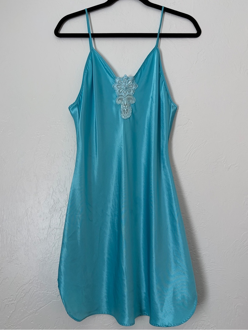 Vintage Beth Michaels Aqua Blue Slip Dress with Floral Applique- Size M